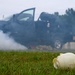 A training or simulation scenario depicting a vehicle fire or explosion drill. A dark pickup truck with its door open is emitting heavy smoke in the background, while a white CPR/medical training mannequin head lies on the grass in the foreground. The scene appears to be a first responder or emergency services training exercise.