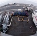 A fisheye aerial photograph taken from an elevated position on a US Navy aircraft carrier flight deck, showing a large group of personnel assembled in color-coded jerseys around a helicopter landing spot. Multiple aircraft are visible on deck including helicopters and what appears to be a fixed-wing aircraft, suggesting a formal muster or ceremony is taking place. The wide-angle lens distortion gives a curved horizon with open ocean visible in the background.