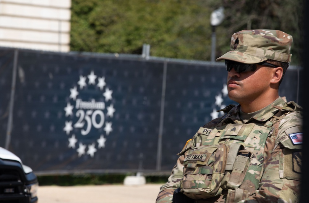A U.S. Army soldier in full combat uniform and tactical gear stands at attention, appearing to be on security duty. The soldier, identified by name tape as 'PITTMAN,' is positioned in front of a dark barrier displaying a 'Freedom 250' logo surrounded by a circle of stars. The setting suggests a security or ceremonial post at a formal event or installation.