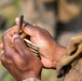 A close-up photograph shows a person in military or tactical attire handling ammunition. The individual is loading or organizing rifle cartridges with green-tipped bullets into a magazine. The shallow depth of field keeps the hands and ammunition in sharp focus while the background is blurred.