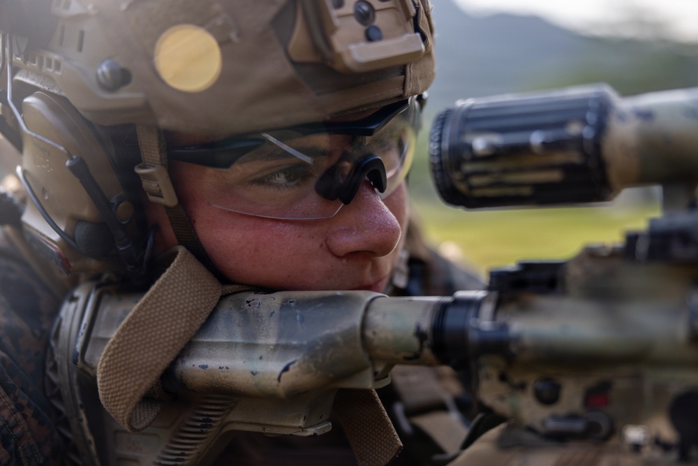 A close-up photograph of a military service member in full tactical gear aiming down a rifle with an optical scope. The soldier is wearing a combat helmet with mounted accessories, tactical eye protection, and hearing protection. The background shows a blurred outdoor environment with green terrain and hills.