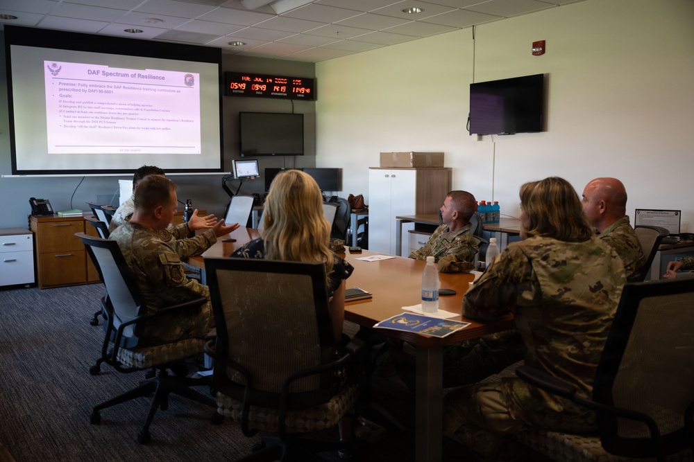 A group of military personnel in camouflage uniforms are gathered around a conference table for a briefing or meeting. A presentation titled 'DAF Spectrum of Resilience' is displayed on a large projection screen at the front of the room. The setting appears to be a military operations or conference room with multiple digital clocks on the wall.