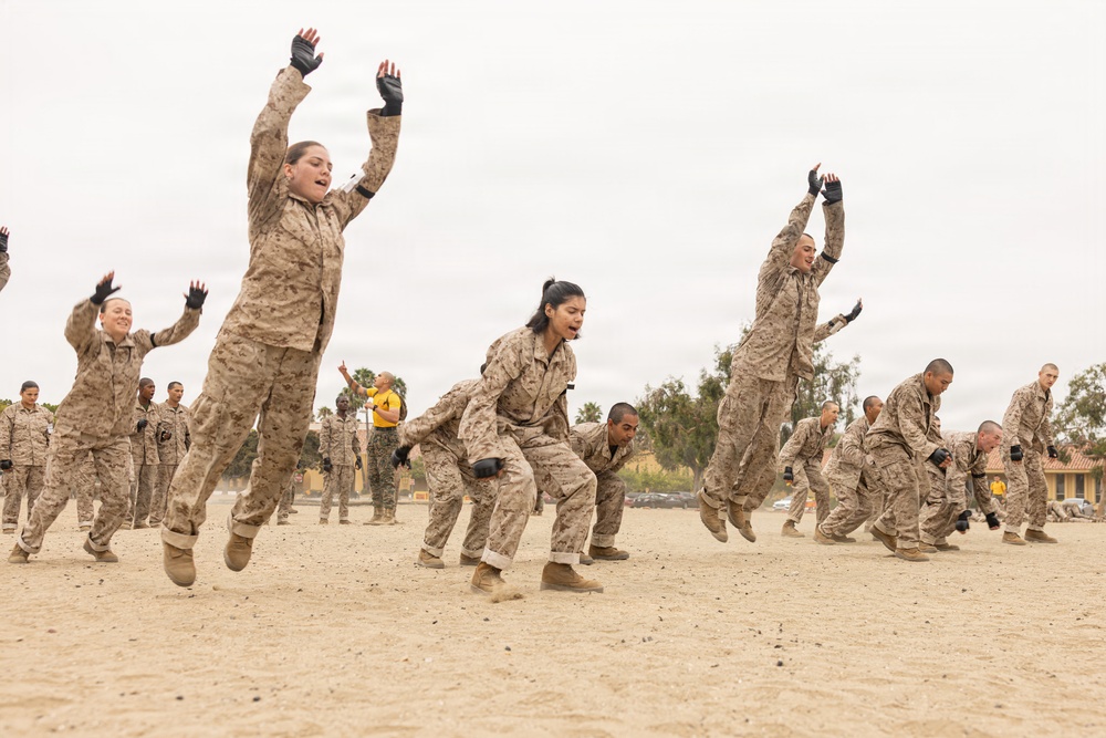 A large group of military personnel in desert camouflage uniforms are performing physical training exercises on a sandy drill field. The recruits, both male and female, are captured mid-jump during what appears to be a group calisthenics or physical fitness drill. An instructor in a yellow shirt is visible in the background overseeing the exercise.