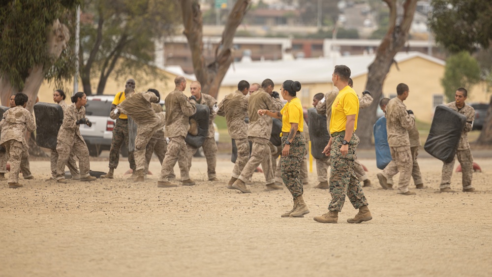 A military training exercise is taking place on a sandy outdoor field, likely at a U.S. Marine Corps base. Recruits or trainees in desert camouflage uniforms are engaged in hand-to-hand combat or martial arts drills using padded shields, while instructors in yellow shirts supervise the activity. The background shows trees, vehicles, and base buildings consistent with a Southern California military installation.