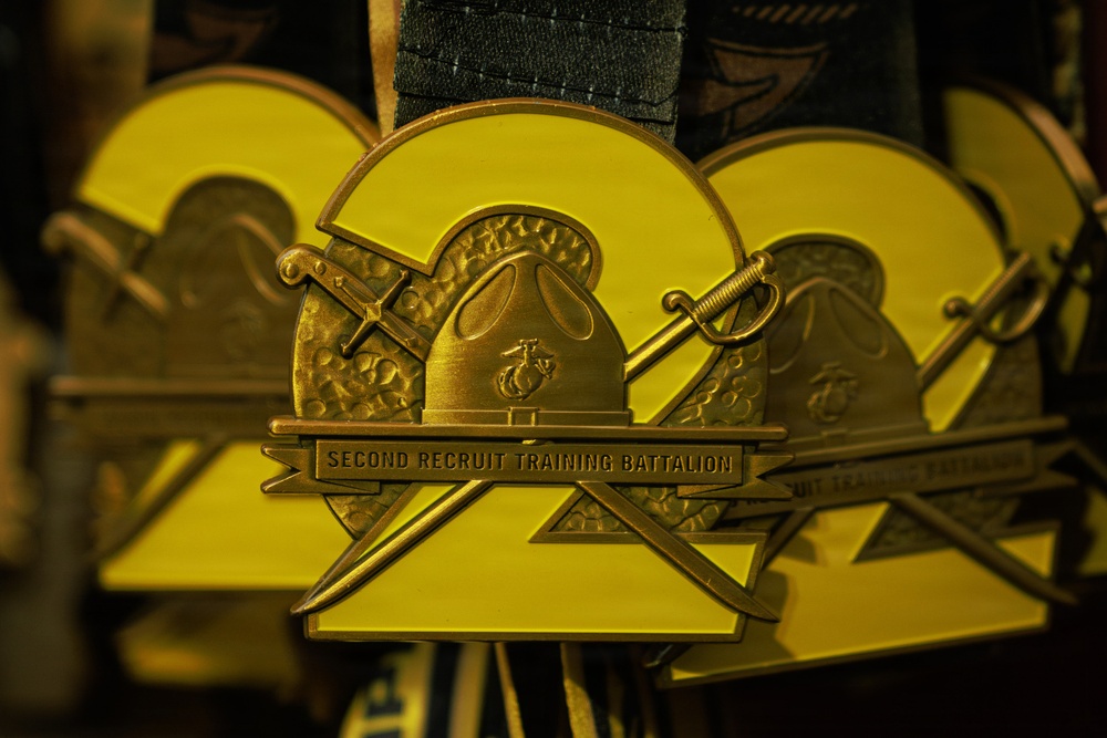 The image shows a close-up of a military medal belonging to the Second Recruit Training Battalion of the United States Marine Corps. The medal features a bronze finish with a yellow enamel background shaped as the number '2', adorned with crossed swords, a drill instructor's campaign cover (hat), and the USMC Eagle, Globe, and Anchor emblem. Multiple identical medals are visible in the background, suggesting a batch prepared for a graduation or award ceremony.