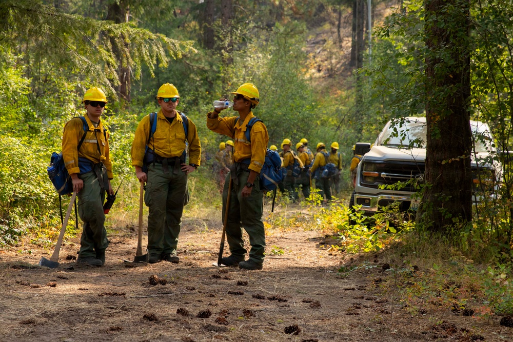 A group of wildland firefighters in standard yellow Nomex fire-resistant uniforms and hard hats are gathered on a forest dirt road, apparently taking a rest break. Three firefighters are prominent in the foreground, with one drinking from a water bottle, while a larger crew is visible in the background near a white pickup truck. The setting is a dense mixed conifer forest with dappled sunlight, suggesting a daytime operational pause during firefighting activities.