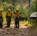 A group of wildland firefighters in standard yellow Nomex fire-resistant uniforms and hard hats are gathered on a forest dirt road, apparently taking a rest break. Three firefighters are prominent in the foreground, with one drinking from a water bottle, while a larger crew is visible in the background near a white pickup truck. The setting is a dense mixed conifer forest with dappled sunlight, suggesting a daytime operational pause during firefighting activities.