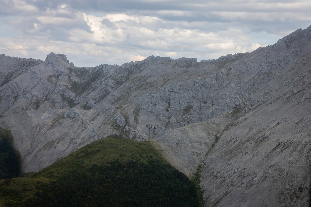 A dramatic alpine landscape featuring rugged, light-grey limestone mountain ridges with jagged rocky peaks. In the foreground, a lower green hill covered with coniferous forest contrasts sharply with the bare rocky slopes behind it. The scene is photographed under a partly cloudy sky with diffused natural light.