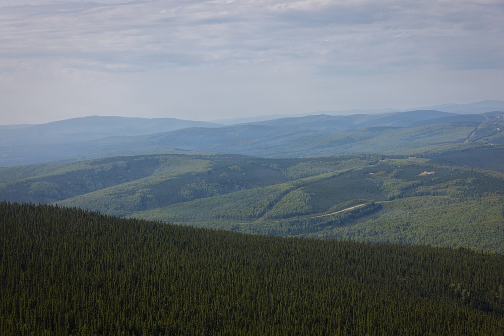 An elevated aerial or high-vantage-point view of a vast boreal forest landscape with rolling hills and mountains receding into the distance. Dense coniferous trees dominate the foreground, transitioning to mixed forest cover across multiple ridgelines. A faint road or trail is visible in the mid-ground, along with what appears to be a small structure or clearing on the right side.