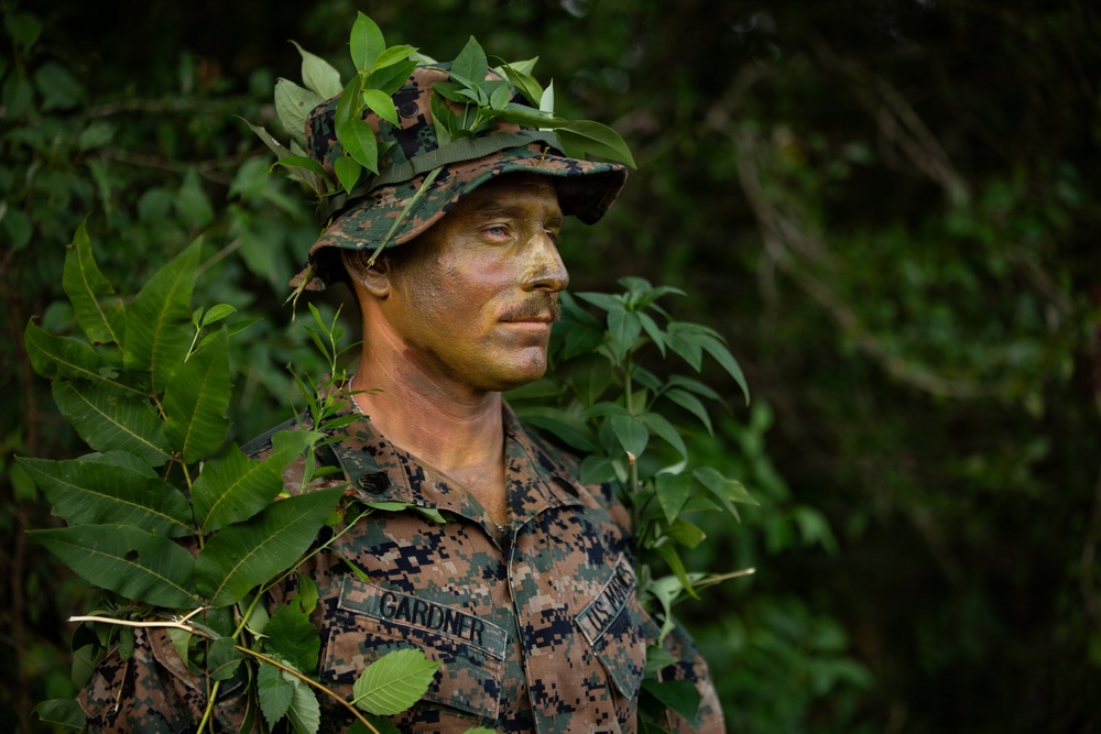 A U.S. Marine identified by the name tape 'GARDNER' is photographed in a jungle or forested environment wearing full camouflage gear. He has applied face paint in green and brown tones and has tucked natural foliage into his boonie hat for additional concealment. The image appears to document field training or a tactical exercise focused on camouflage and concealment techniques.