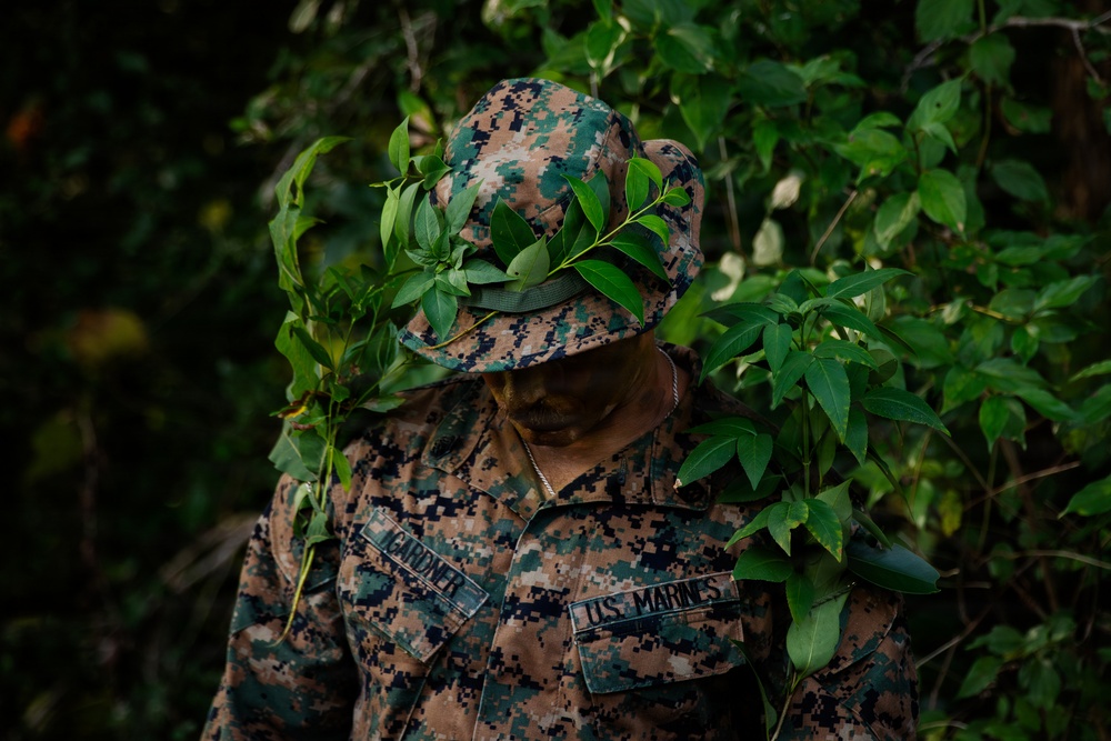 A U.S. Marine identified by the name tape 'GARDNER' is wearing MARPAT digital camouflage uniform and a boonie hat with natural foliage attached for concealment. The Marine is positioned in a dense jungle or forested environment, head bowed downward. The image captures a field training or operational scenario involving natural camouflage techniques.