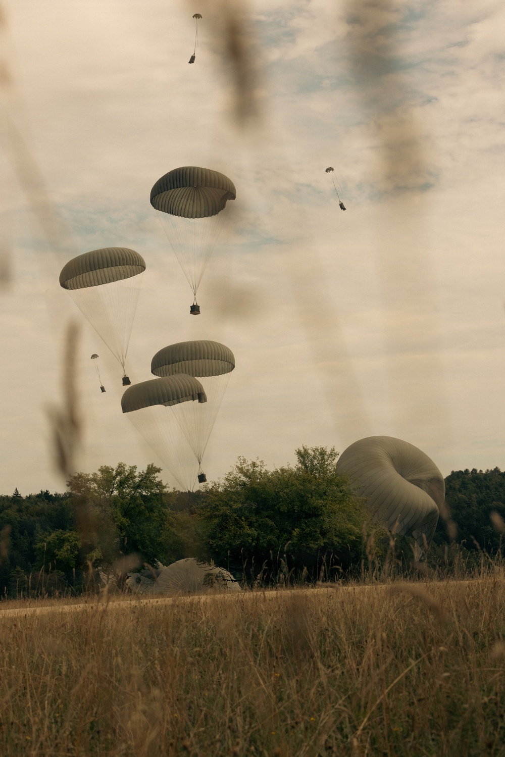 A military airdrop operation is captured mid-execution, showing multiple olive-drab parachutes descending with cargo loads suspended beneath them. Several parachutes are still airborne at various altitudes while at least one has already landed on the ground to the right, with its canopy still inflated. The scene takes place over an open grassy field bordered by trees under an overcast sky.