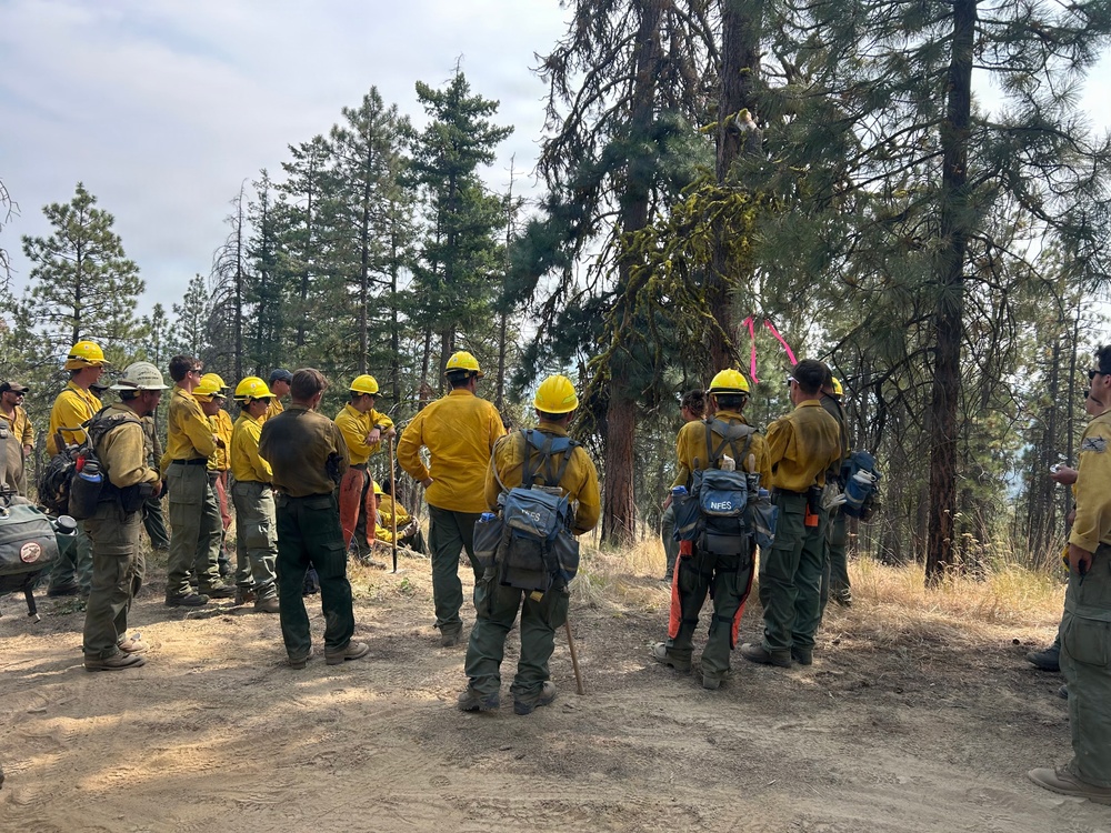 A large crew of wildland firefighters is gathered on a dirt road or clearing in a forested area, appearing to receive a briefing or safety talk. All personnel are wearing standard wildland firefighting gear including yellow Nomex shirts, green pants, and yellow hard hats. The setting appears to be an active or recent fire area based on the dry conditions and some scorched vegetation visible in the background.