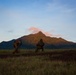 The image shows multiple military personnel in camouflage uniforms moving tactically across an open grassy field at dusk or dawn. They are silhouetted against a dramatic backdrop of a peaked mountain illuminated by warm golden-pink light. The scene appears to depict a military training exercise or field operation.