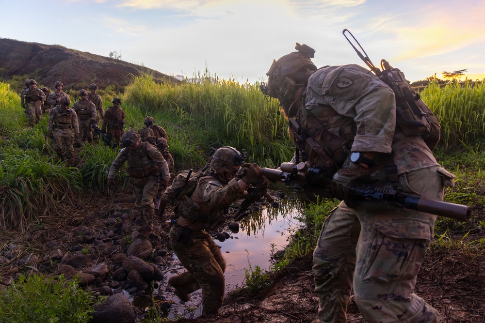A group of military personnel in full combat gear are navigating through a muddy, vegetated terrain during what appears to be a training exercise at dusk or dawn. One soldier in the foreground is assisting another across a small water obstacle, while a column of additional soldiers follows behind. The lush green landscape with tall grass and a hillside in the background suggests a tropical or subtropical environment.