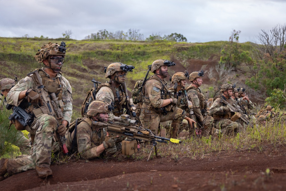 A group of heavily armed military personnel in full combat gear are positioned along a dirt embankment in a green, hilly terrain. The soldiers appear to be in a tactical observation posture, scanning their surroundings during what appears to be a training exercise or field operation. Multiple soldiers are equipped with night vision devices, body armor, and various weapons systems.