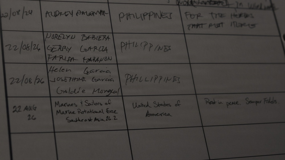 The image shows a handwritten log or registry book with multiple entries dated 22/08/26. Entries include names of individuals from the Philippines and a group entry from the United States Marine Corps. The final entry contains the message 'Rest in peace. Semper Fidelis,' suggesting this may be a condolence or memorial book.
