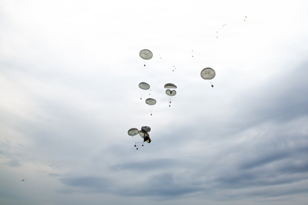 The image shows a large-scale military airborne operation with numerous parachutes deployed across an overcast sky. Multiple round, olive/gray-colored parachutes are visible at various altitudes, suggesting a mass tactical jump or airdrop in progress. At least one aircraft is faintly visible in the lower left background, likely the delivery platform.