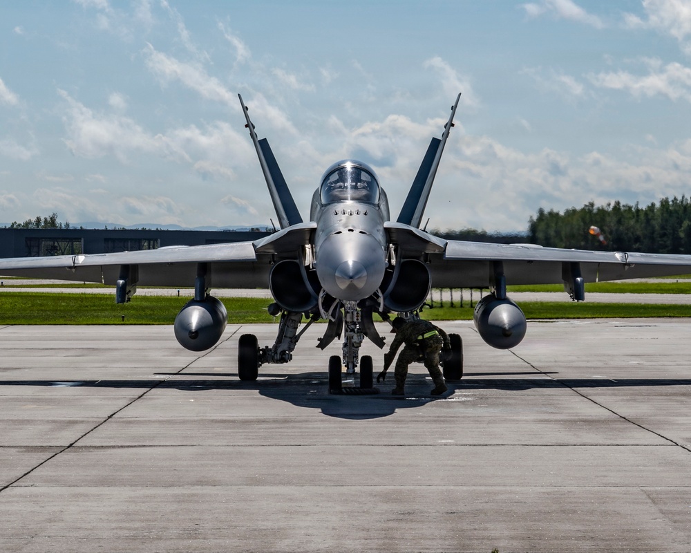 A front-facing view of what appears to be an F/A-18 Hornet or Super Hornet jet fighter parked on a concrete tarmac at a military airbase. A ground crew member in military fatigues is crouched beneath the aircraft's nose, likely performing a pre-flight inspection or maintenance check. The aircraft is in a gray paint scheme with twin vertical stabilizers and wingtip fuel tanks visible.