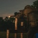 A person in military/tactical gear is firing a rifle with a suppressor from a wooden shooting bench or barricade during dusk or nighttime conditions. A muzzle flash is visible at the end of the suppressed barrel, indicating the weapon is being discharged. The scene appears to be a military or law enforcement training exercise at an outdoor range.