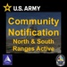 This is a U.S. Army community notification graphic announcing that North and South Ranges are active at Tooele Army Depot. The image features bold yellow text on a dark background with a background photo showing what appears to be an explosion or detonation in a desert landscape. It includes official U.S. Army branding and logos from Tooele Army Depot and an 'On The Line' insignia.