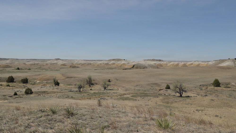 A wide, arid semi-desert landscape featuring sparse dry grassland in the foreground and eroded badlands-style buttes and hills in the background. The terrain is characterized by pale tan and cream-colored sedimentary formations with minimal vegetation. The scene suggests a high plains or badlands environment, possibly in the American Great Plains region.