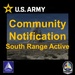 This is a U.S. Army community notification graphic announcing that the South Range is active at Tooele Army Depot. The image features bold yellow text overlaid on a background photograph showing what appears to be an explosion or detonation in a desert landscape. It includes official U.S. Army branding and logos from Tooele Army Depot and an 'On The Line' program.