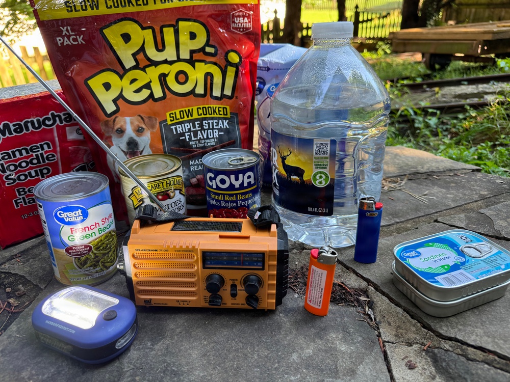 The image shows an assortment of emergency preparedness or survival supplies laid out on an outdoor stone surface. Items include canned goods, water, a hand-crank solar radio, lighters, and food supplies for both humans and a pet. The collection suggests preparation for a natural disaster or emergency situation.