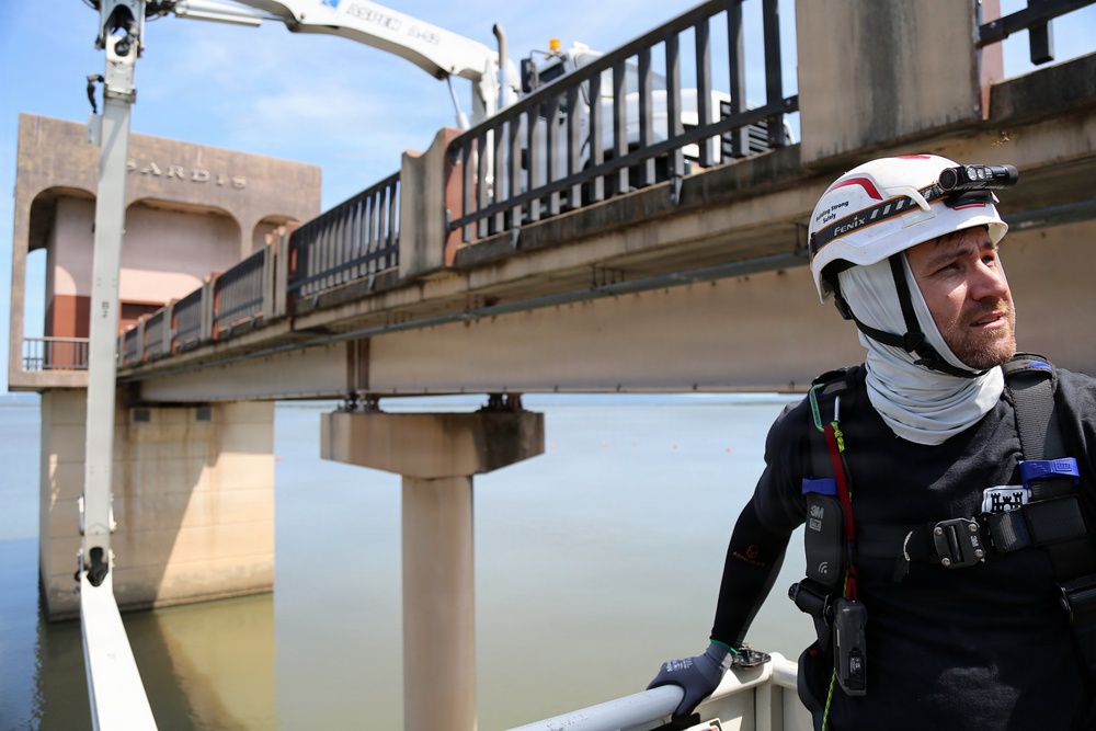 Inspecting the service bridge at Sardis Lake