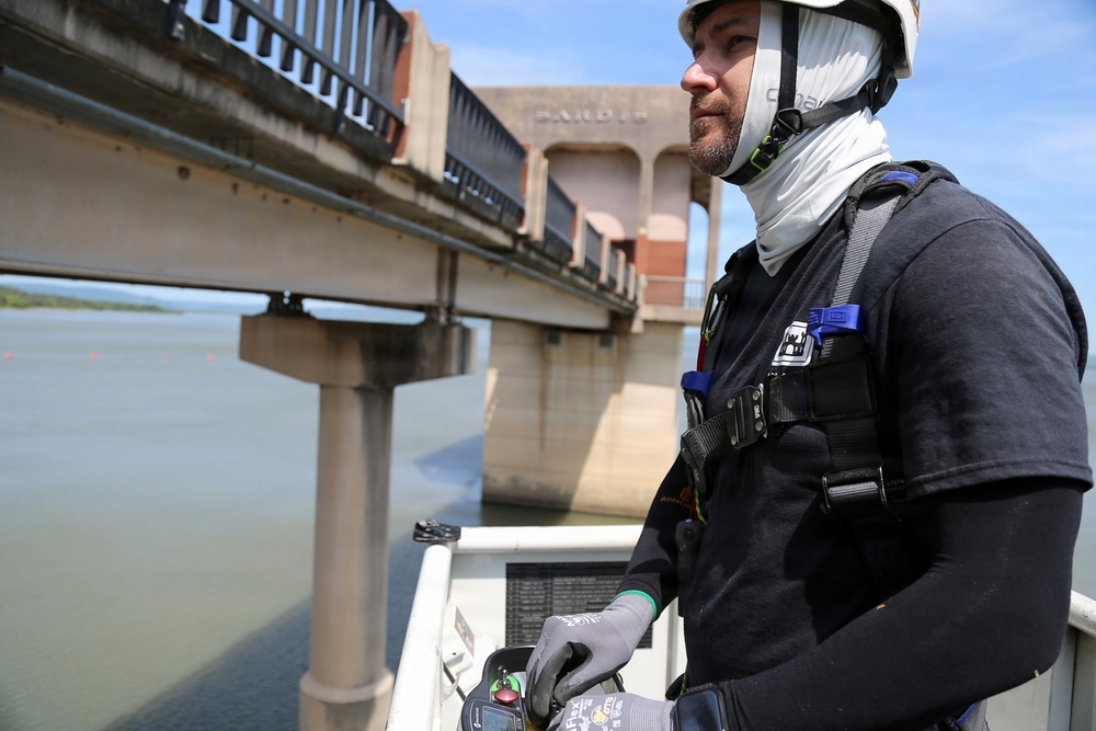 Inspecting Sardis Lake's service bridge