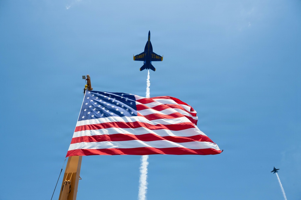The U.S. Navy Blue Angels fly over the U.S. Coast Guard Cutter Barbara Mabrity’s national ensign