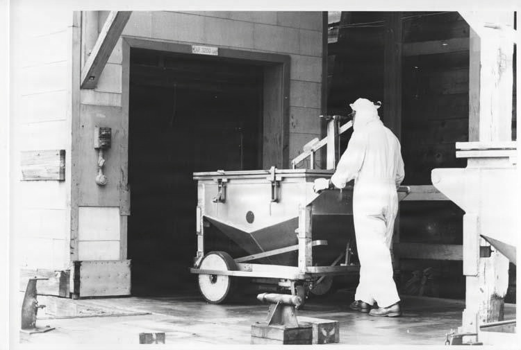 Historical Photo Radford Army Ammunition Plant employee moving a buggy as a part of the production process.
