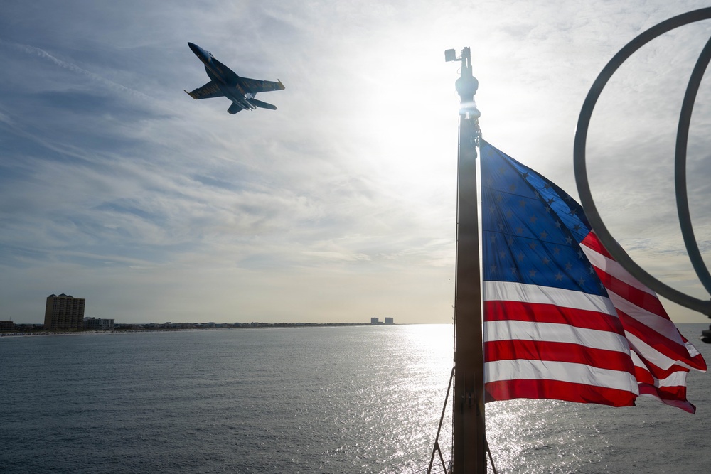 The U.S. Navy Blue Angels fly across the U.S. Coast Guard Cutter Barbara Mabrity’s national ensign