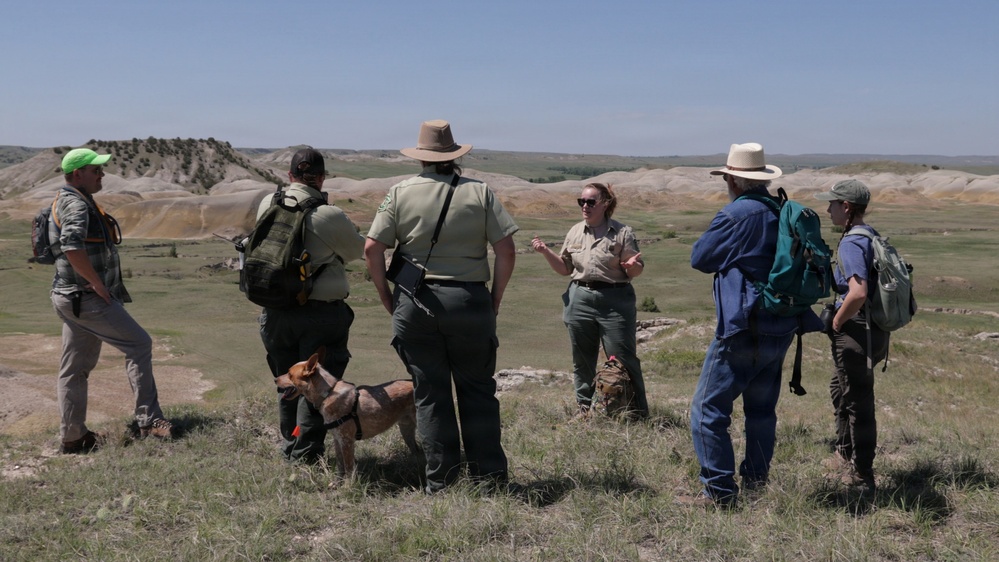 A group of approximately six people, including what appear to be National Park Service rangers in uniform, are gathered on an elevated grassy overlook in a badlands landscape. A female ranger appears to be briefing or leading a discussion with the group, which includes a dog on a leash. The terrain in the background features characteristic eroded buttes and rolling grasslands consistent with the Great Plains badlands region.