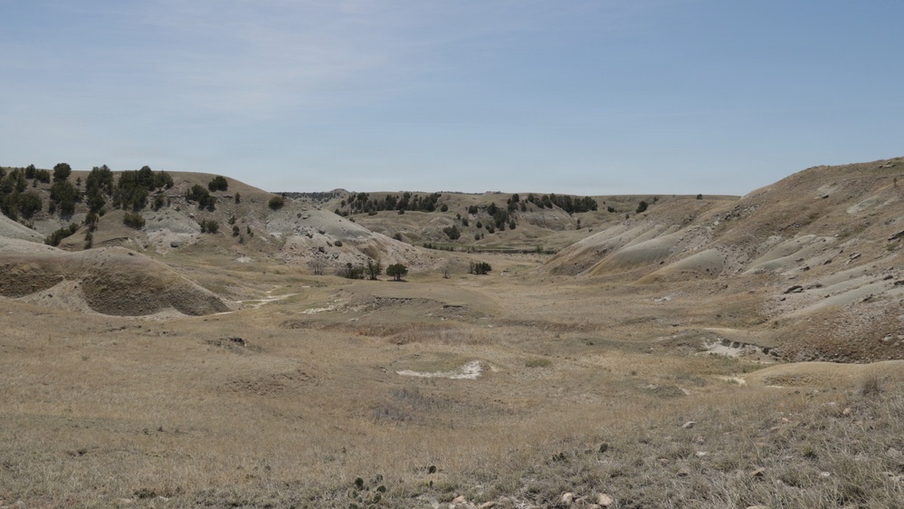 A wide, open semi-arid landscape featuring rolling hills and eroded badlands terrain with sparse vegetation. The valley floor is covered in dry, golden-brown grasses with scattered evergreen trees (likely juniper or cedar) dotting the hillsides and ridgelines. The scene suggests a Great Plains or high plains environment, possibly in states like Nebraska, South Dakota, or Wyoming.