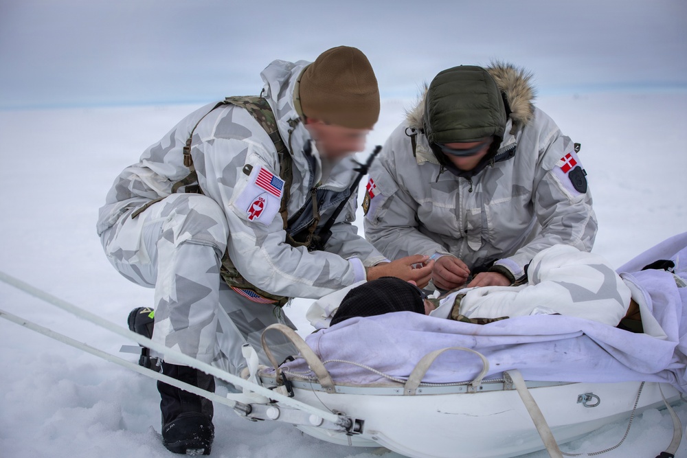 Two military personnel in white arctic camouflage uniforms are attending to a casualty lying on a white rescue sled/litter in a snow-covered environment. One individual wears a US flag patch and a red cross medical patch, while the other wears a Danish flag patch, indicating a joint multinational military medical exercise or operation. They appear to be performing field medical treatment in extreme cold-weather conditions.