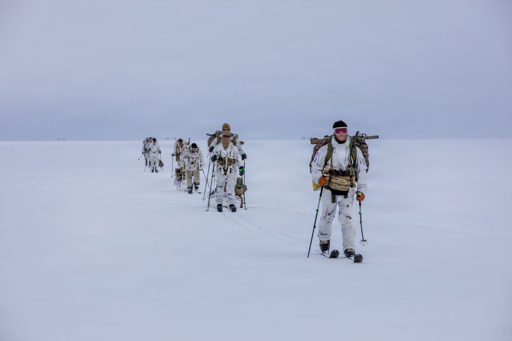 A column of military personnel in white winter camouflage uniforms are cross-country skiing across a flat, snow-covered terrain under an overcast sky. They are carrying rifles slung across their backs and using ski poles, moving in a single-file formation. The scene appears to be an arctic or subarctic military training exercise.