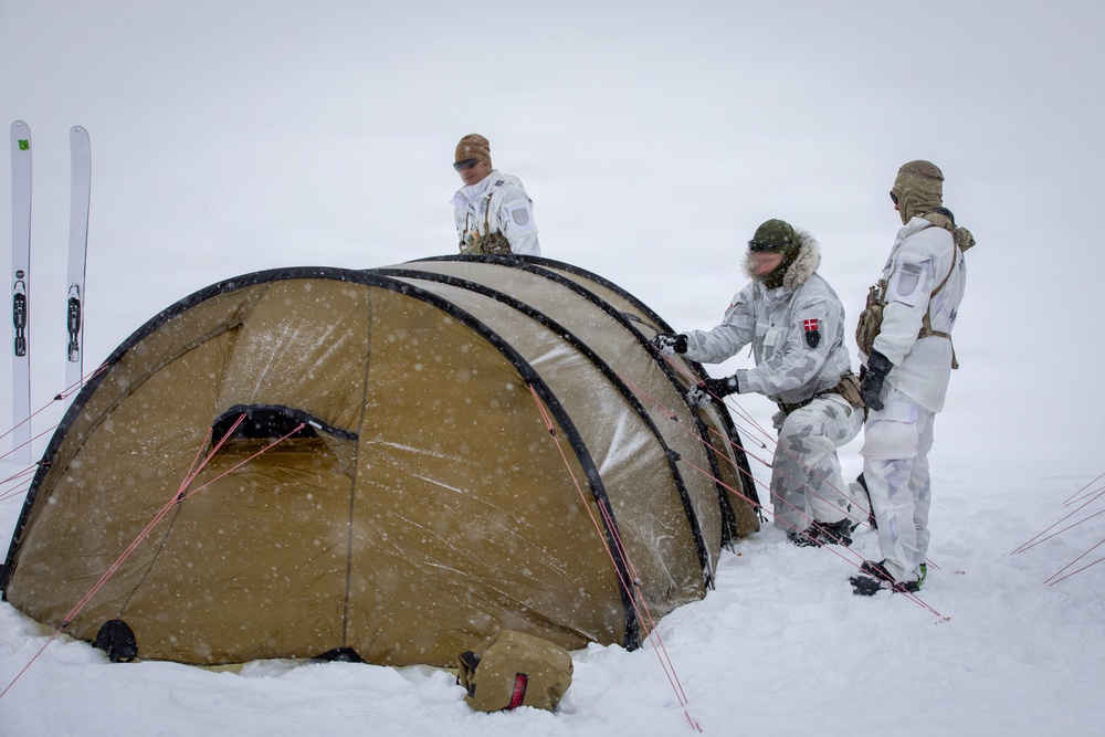 Three military personnel in winter camouflage uniforms are setting up a large tan/khaki tunnel-style tent in snowy, blizzard-like conditions. At least one individual displays a Danish flag patch on their sleeve, suggesting this is a Danish military or NATO cold-weather training exercise. Skis are visible in the background, indicating the team traveled to this location on ski.