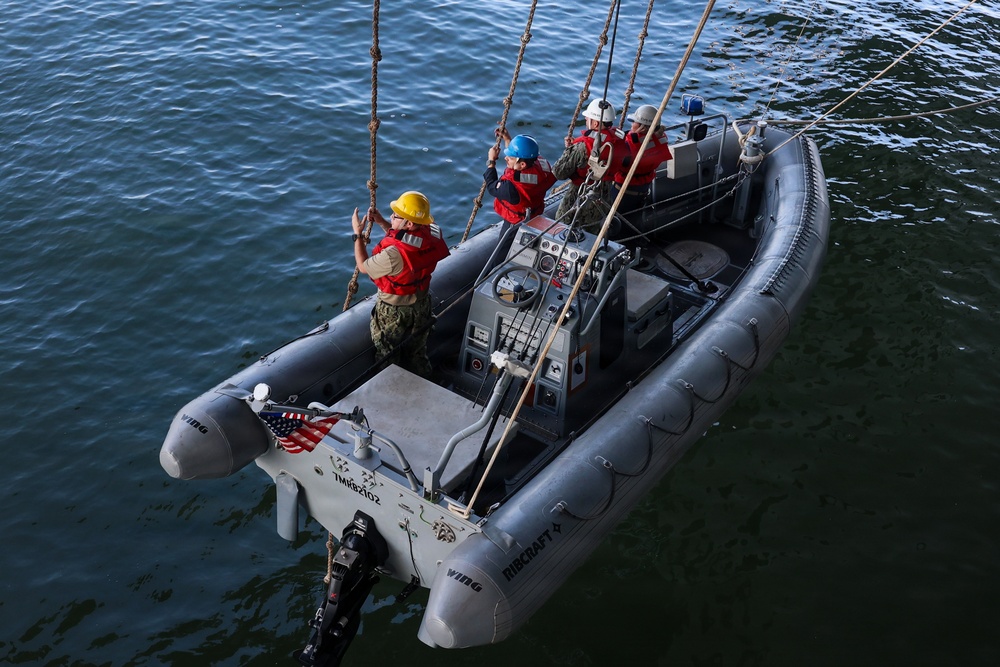 An aerial view of a gray rigid inflatable boat (RIB) being hoisted or lowered by ropes/davit lines over open water. Several personnel wearing red life vests and colored hard hats are aboard the vessel, with one individual appearing to signal with their hand. The boat displays an American flag and markings consistent with U.S. Navy equipment.