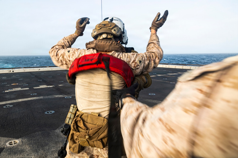 11th MEU Marines, Sailors Conduct Hoist Training Aboard USS Portland