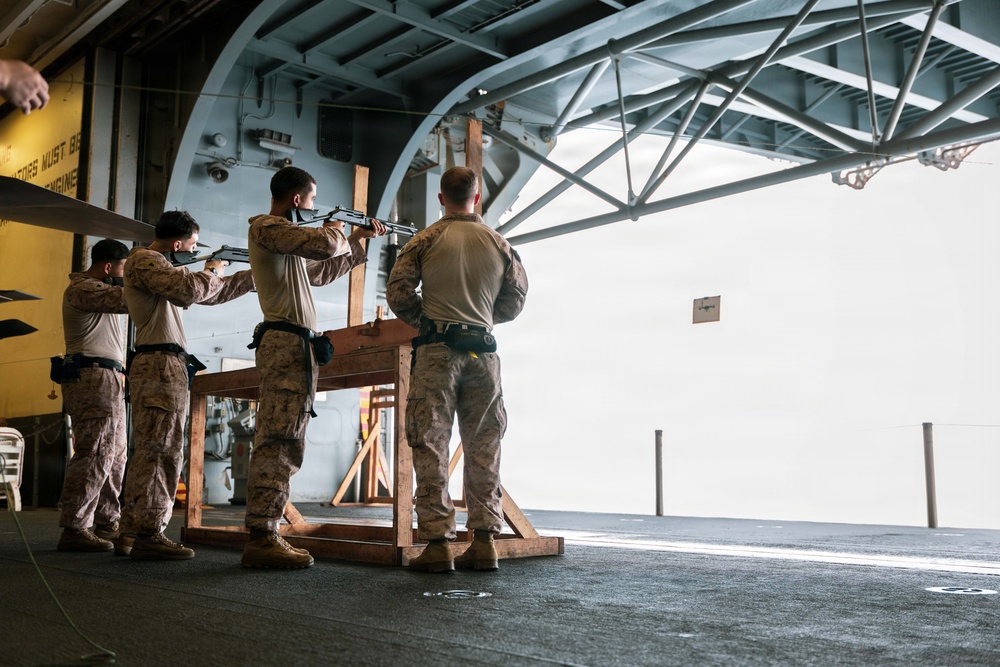 11th MEU Marines Conduct Simulated Shotgun Employment Training Aboard USS Boxer