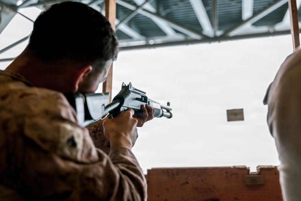 11th MEU Marines Conduct Simulated Shotgun Employment Training Aboard USS Boxer