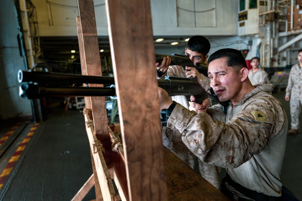 11th MEU Marines Conduct Simulated Shotgun Employment Training Aboard USS Boxer