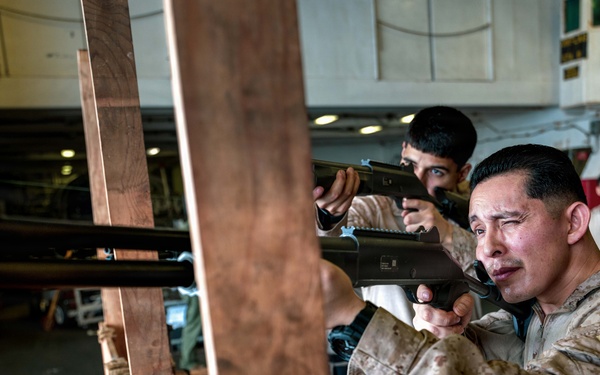 11th MEU Marines Conduct Simulated Shotgun Employment Training Aboard USS Boxer