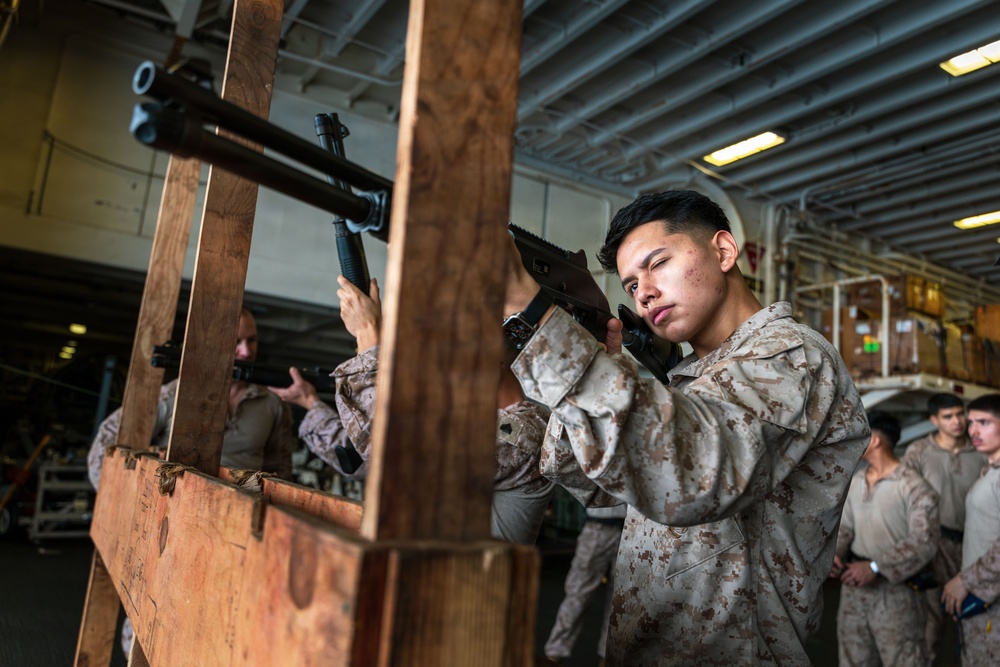 11th MEU Marines Conduct Simulated Shotgun Employment Training Aboard USS Boxer