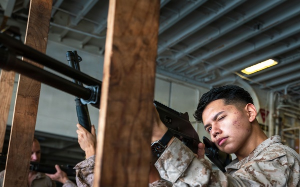 11th MEU Marines Conduct Simulated Shotgun Employment Training Aboard USS Boxer