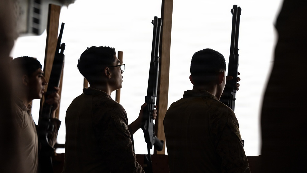 11th MEU Marines Conduct Simulated Shotgun Employment Training Aboard USS Boxer