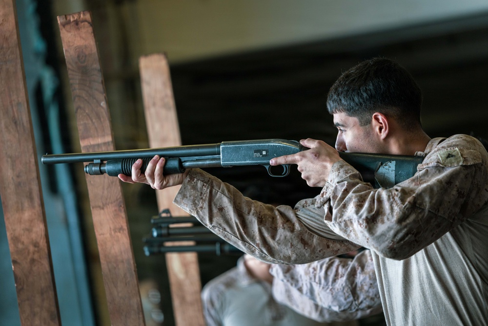 11th MEU Marines Conduct Simulated Shotgun Employment Training Aboard USS Boxer