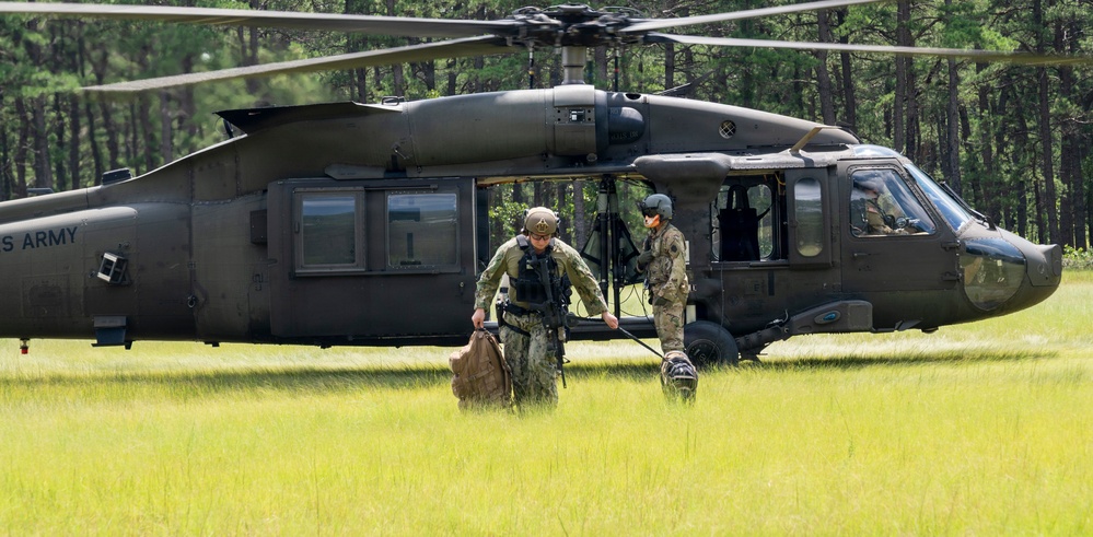 A U.S. Army UH-60 Black Hawk helicopter is landed on a grassy field surrounded by pine trees. Two soldiers in combat gear are disembarking from the aircraft, carrying equipment bags, while a pilot remains visible in the cockpit. The scene appears to depict a training or operational insertion exercise.