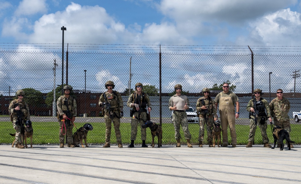 A group of approximately nine military or law enforcement personnel in tactical/camouflage gear are lined up in front of a chain-link fence topped with barbed wire. Several members of the group are accompanied by military working dogs (K9 units). The setting appears to be a secured facility or military installation, photographed on a partly cloudy day.